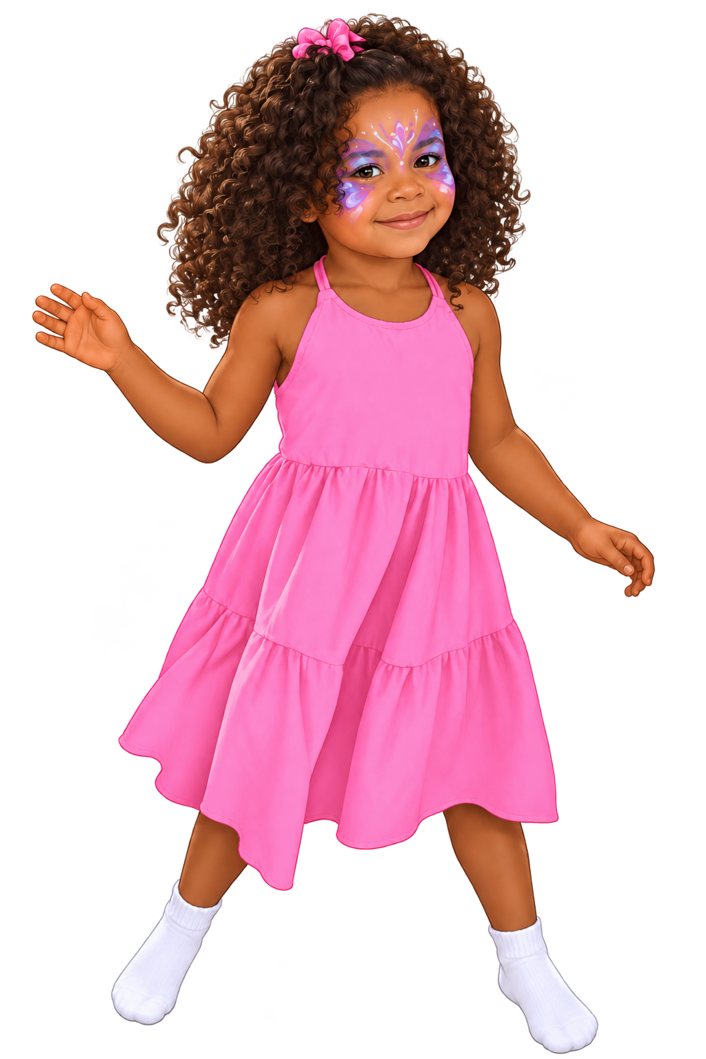Cartoon Aalizah smiling in her pink dress